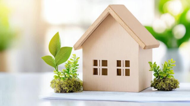 wooden house model with green leaves for eco housing concept
