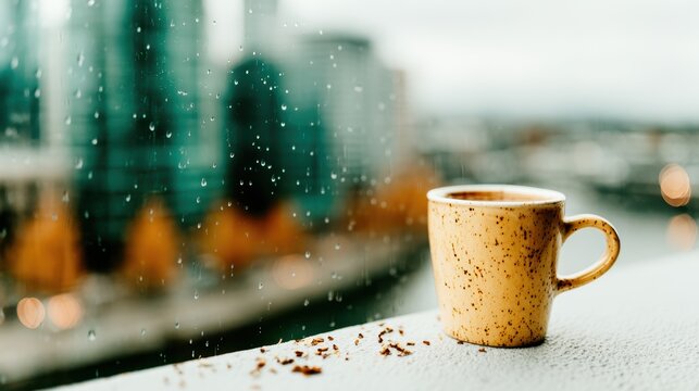 A cozy scene featuring a speckled coffee mug perched on a wet windowsill, framed by raindrops and an urban backdrop, evoking warmth and comfort on a dreary day.