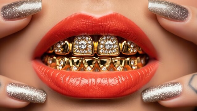 A captivating close-up reveals a woman's vibrant red lips and opulent gold grills studded with dazzling diamonds, framed by hands with sparkling silver glitter nail polish, projecting a bold and luxur