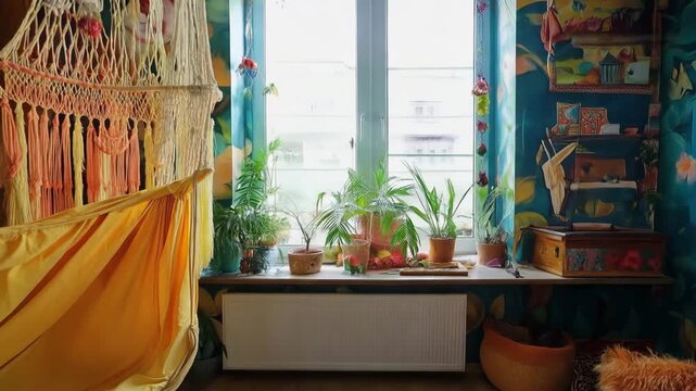 Cozy bohemian interior bohemian window nook with hanging hammock chair, vibrant patterned wallpaper, potted plants on a wide sill, warm textiles and natural light.