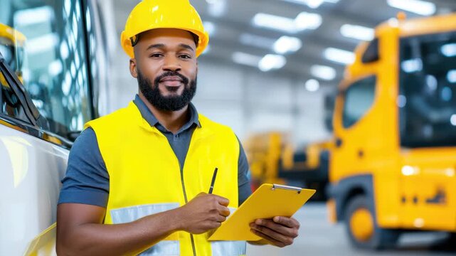 male construction worker with clipboard in warehouse for logistics concept
