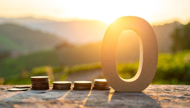 Wooden numeral zero beside stacks of coins against a sunset backdrop