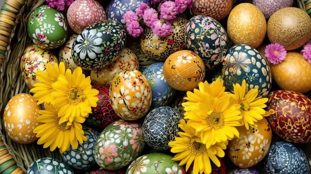 Assorted vibrant hand-decorated pysanky eggs with floral patterns and fresh flowers filling a basket