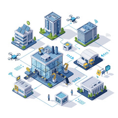 Obraz premium Smart City Network of Buildings and Drones Connected by Data.