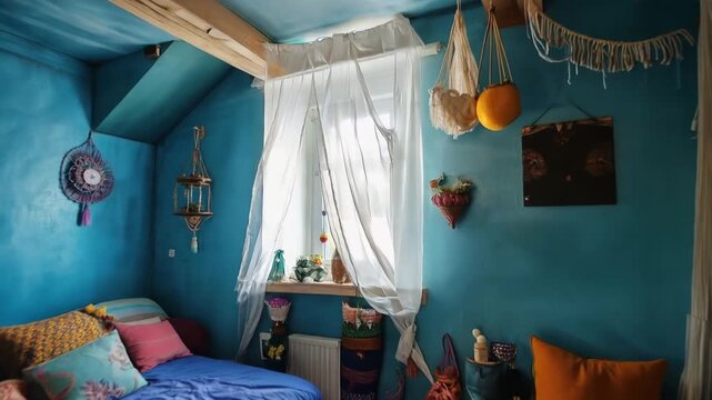 Cozy bohemian bedroom with teal walls, floor cushions, hanging macrame, sheer curtains, woven lamp, eclectic decor