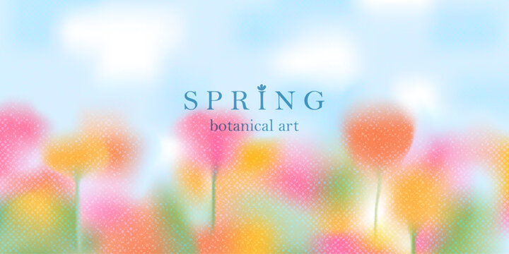 Spring floral background. Blurred gradient ethereal flower field. Pink, red, yellow  blooms. Noisy, grainy texture.