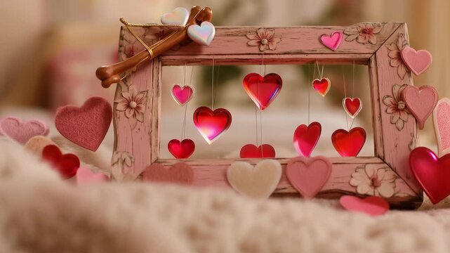 Pink and red hearts hanging inside a rustic frame creating a romantic and warm atmosphere for love