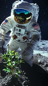Astronaut plants a tree on the moon in a space exploration mission