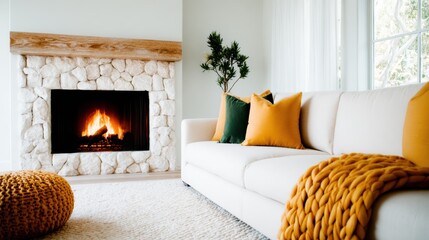Fototapeta premium This inviting photo showcases a cozy living room featuring a beautiful stone fireplace, perfect for warmth and comfort, complemented by green plants and soft textures.