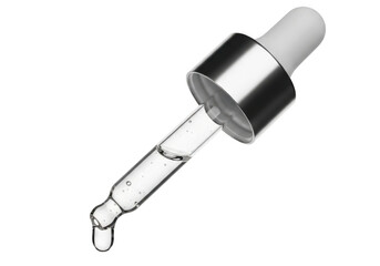 A detailed illustration of a pipette with a silver metallic top and a clear glass barrel containing a small amount of liquid, isolated on transparent background