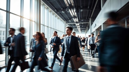 motion blur image of business people crowd walking at corporate office in city downtown
