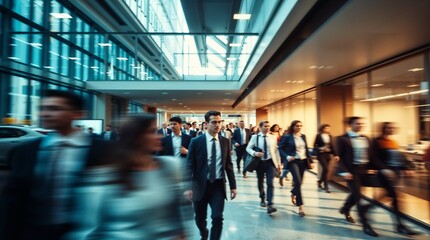 motion blur image of business people crowd walking at corporate office in city downtown