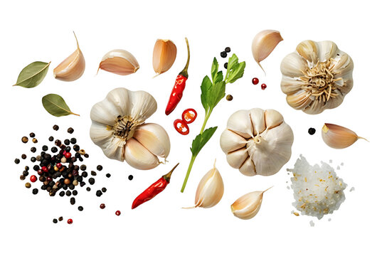 Fresh garlic cloves bulbs onions herbs spices cooking ingredients top view transparent background healthy food