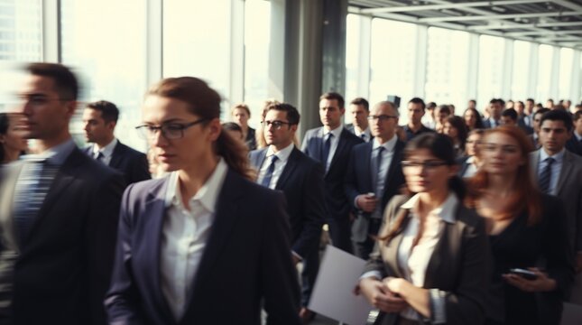 motion blur image of business people crowd walking at corporate office in city downtown