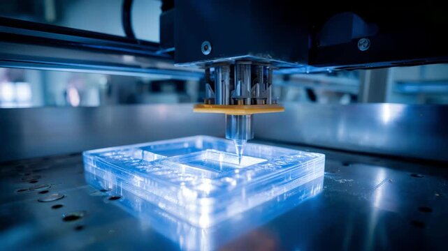Industrial 3d printer building a complex transparent object using additive manufacturing technology