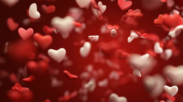 Red and white hearts floating and blurring on a vibrant red background