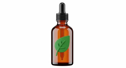 Fototapeta premium Amber Glass Dropper Bottle with Green Leaf Label.