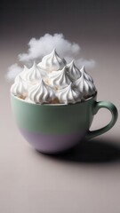 Fototapeta premium fluffy white meringue peaks piled in a pastel teacup, a dreamlike dessert arrangement against a soft sky and cloud backdrop.