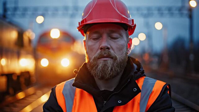 Railway worker in orange safety vest and red hard hat standing on train tracks at dusk with eyes closed