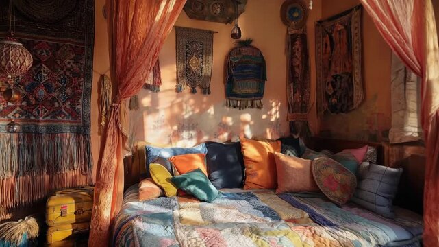 Cozy bohemian bedroom nook with colorful textiles, layered quilts, throw pillows, draped curtains, eclectic wall hangings and warm sunlight through a window