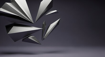 Geometric shapes in mid-air explosion, abstract 3D rendering, studio setting, dynamic viewpoint, fragmented forms