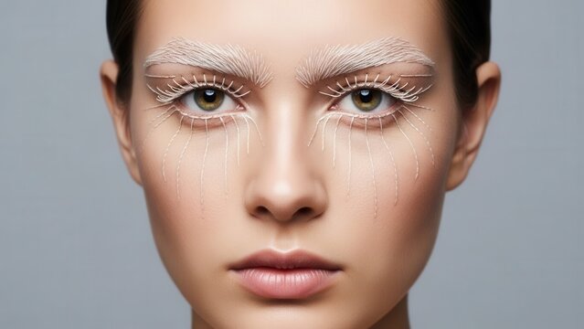 ethereal portrait with delicate white artistic makeup emphasizing eyes and eyebrows, soft studio lighting, pastel backdrop, clean aesthetic, avant-garde beauty concept
