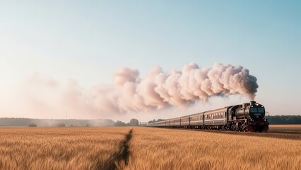 Naklejka premium powerful vintage steam train emerging from smoke in a golden wheat field under a clear sky, symbol of journey and industry, historical travel, picturesque countryside