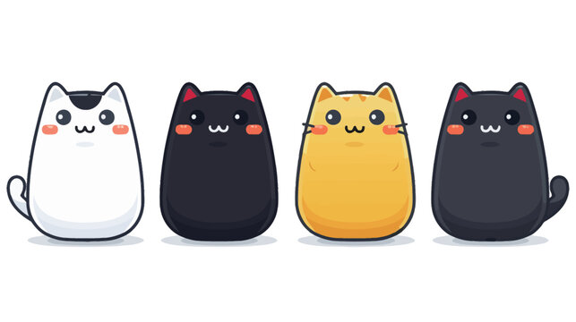 Four cartoon cats sit closely together. They have different colors like white, black, and yellow. Each has a simple face and looks cute. This scene is bright and playful.