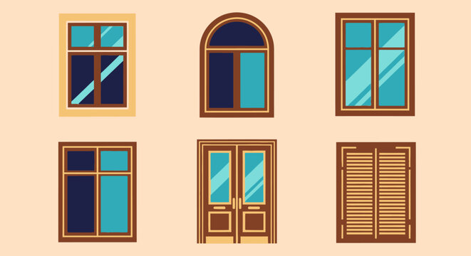 Collection of variously styled windows and a door in a graphic illustration.