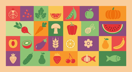 Colorful grid of various fruits and vegetables icons.