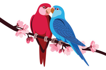 Two colorful parrots sitting on a blooming cherry blossom branch together