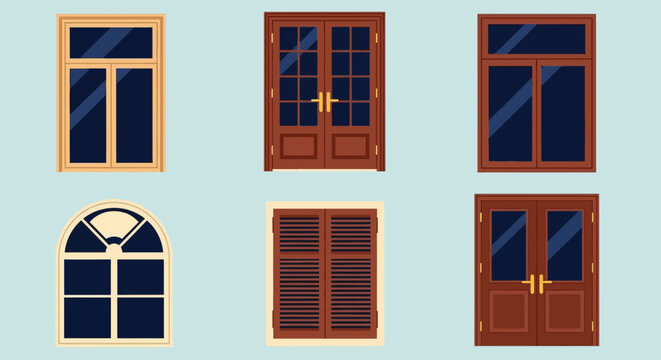 Collection of various wooden window frames and door designs.