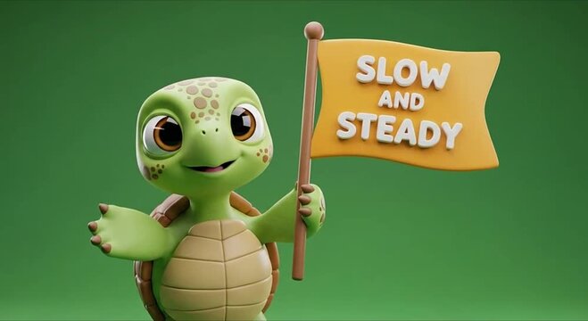 Cute cartoon turtle holding a flag with the words 'Slow and Steady' written on it, symbolizing perseverance and patience.