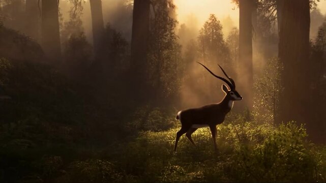 Rare saola emerging from dense tropical forest foliage in misty morning light. 