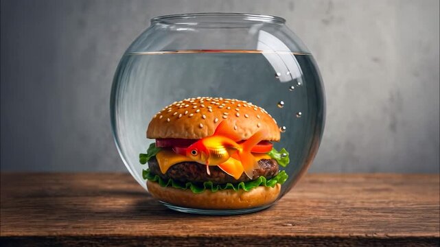 Surreal concept of a cheeseburger inside a fishbowl with a swimming goldfish