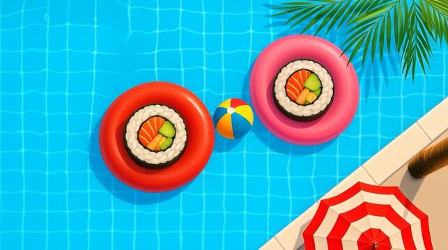 A top view of a swimming pool with two floating rings filled with fresh sushi pieces and a colorful balloon. A minimal and eye-catching graphic design, ideal for summer themes.
