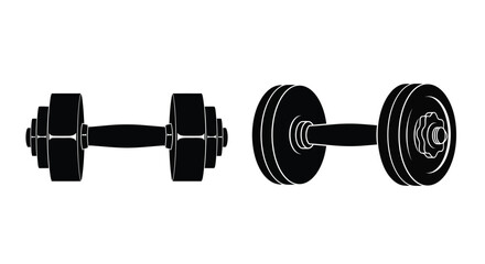 Black dumbbell weights displayed in a striking bold silhouette © DS