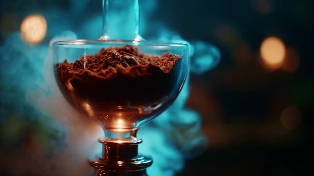 A close-up view of aromatic coffee grounds inside an elegant glass siphon brewing device, showcasing the mesmerizing steam and warm ambiance in a cozy setting.