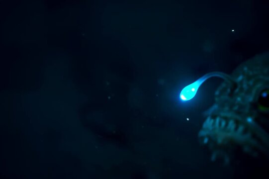 Deep sea anglerfish with glowing bioluminescent lure in the dark ocean. Predatory fish close-up. 