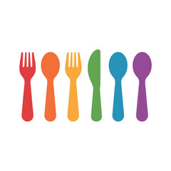 A colorful arrangement of plastic utensils on a white background