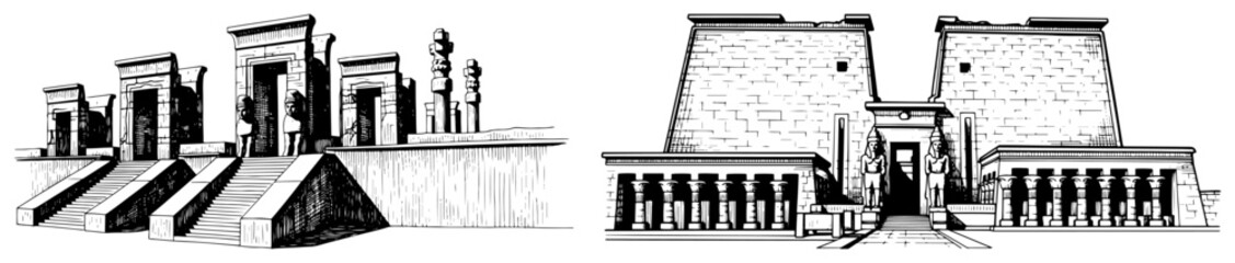 Hand drawn sketch of ancient egyptian temple ruins with columns and statues © Amelia