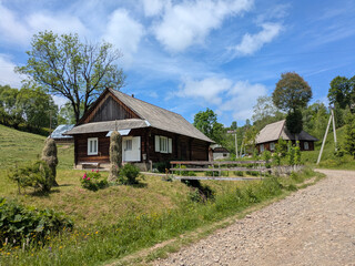 Carpathians. Wooden houses in a mountain village.