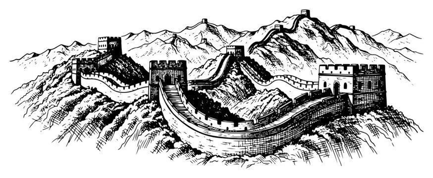Great wall of china winding through mountains ink style illustration