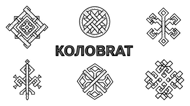 Collection of Slavic pagan symbols and Kolovrat sun wheel in hand drawn woodcut style
