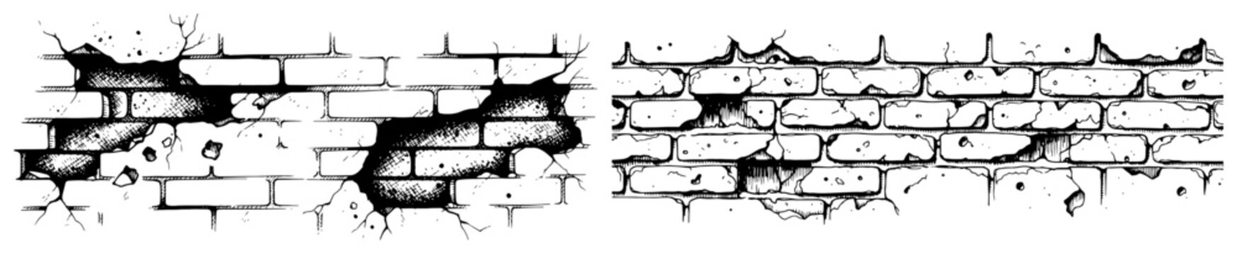 Horizontal hand drawn sketch of old cracked brick wall texture
