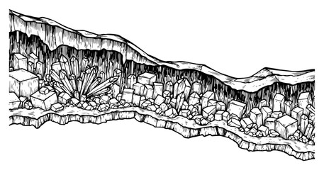 Obraz premium Detailed hand drawn underground cave scene with large geometric crystal formations and minerals