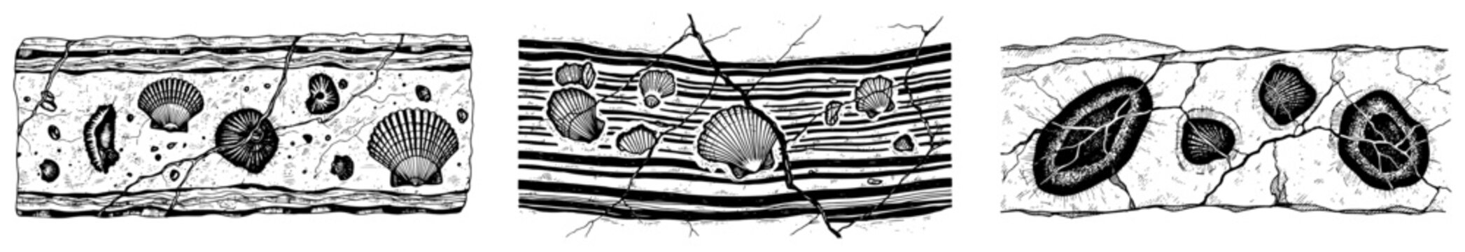 Hand drawn geological cross sections with seashells and fossil remains in layered soil