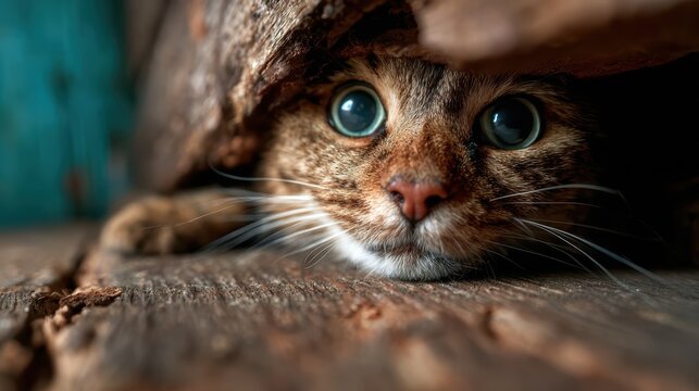 A close-up of a curious cat peeking out from behind weathered wooden planks, showcasing the feline's captivating eyes and playful nature in a rustic setting.