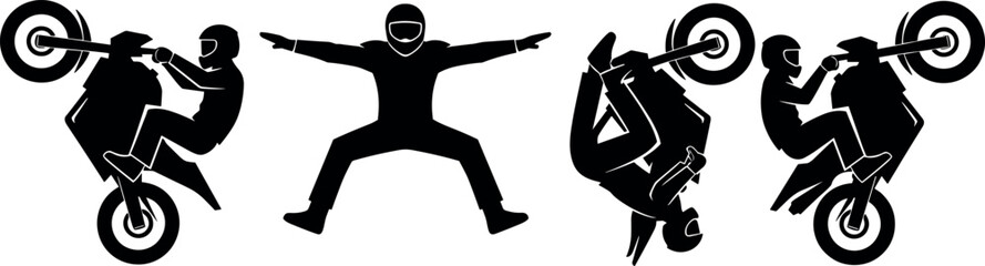 Action Motocross Freestyle Stunt Silhouette Set with Biker Performing Wheelie Backflip and Mid-Air Jump Tricks for Extreme Sports Graphics Design © Reginald Diesel
