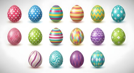 Fototapeta premium Colorful easter eggs in a variety of patterns arranged on a white surface for spring celebrations